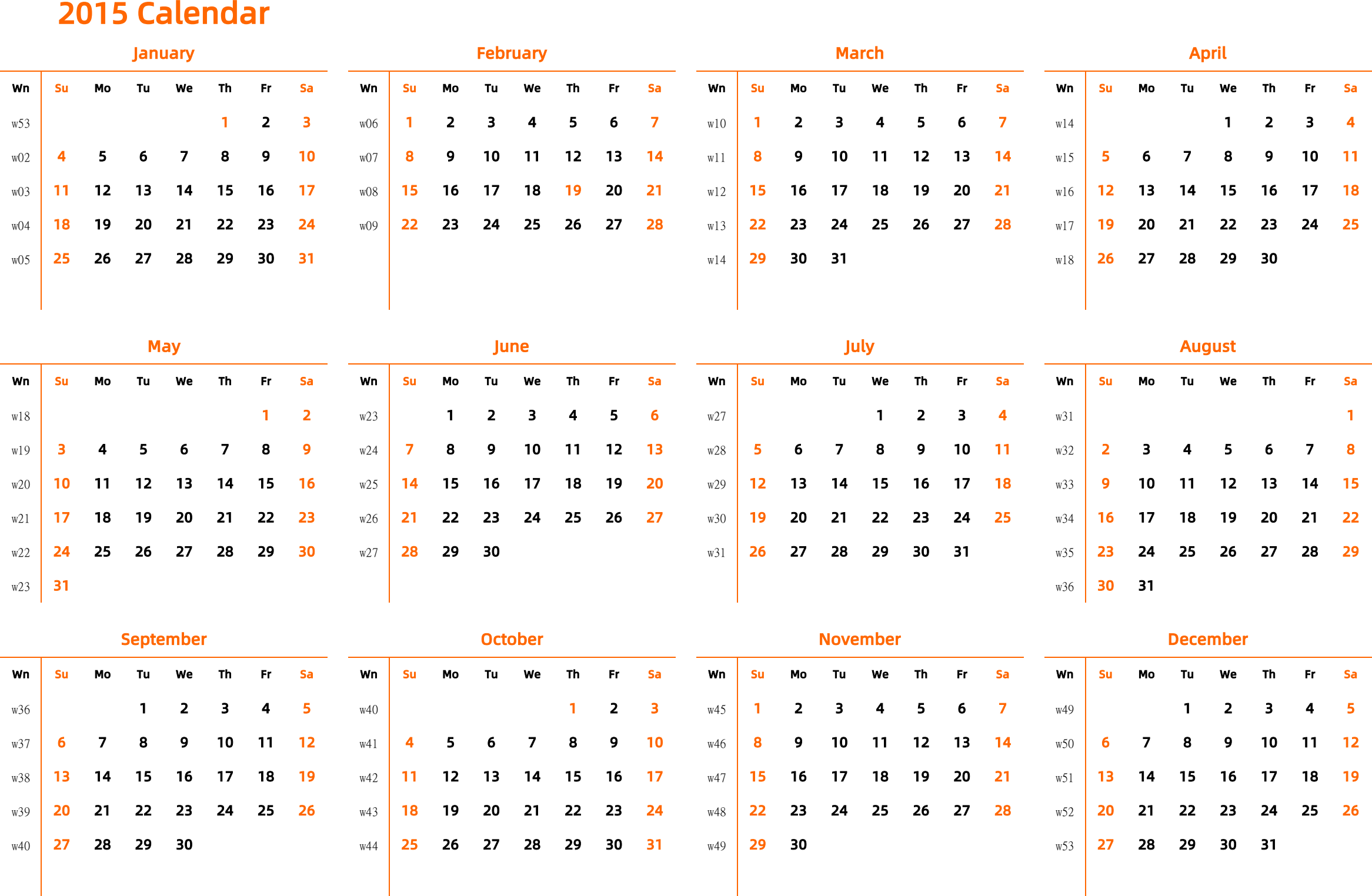 日历表2015年日历 英文版 横向排版 周日开始 带周数 带节假日调休安排